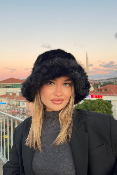 Mollycrush Luxury Women's Black Plush Bucket - Faux Fur, Russian Slavic Style