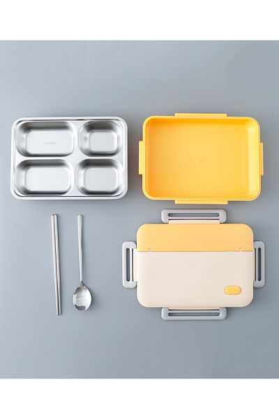 Fab N Funky Kids Lunch Box - Non-Toxic, Easy Clean, Beige & Yellow, 3+ Years, 25x18x7cm with Compartments