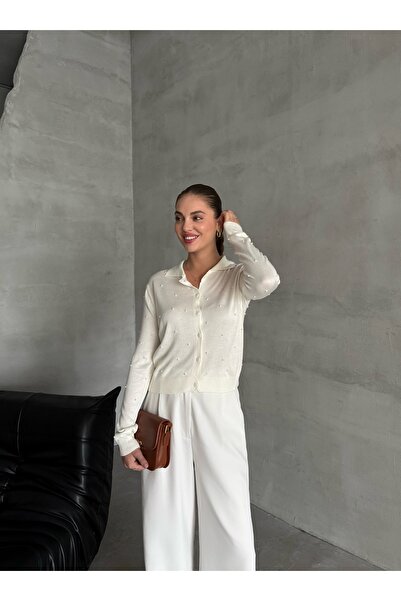 Laluvia Ecru Polo Neck Mini Cardigan na podpatku -4560