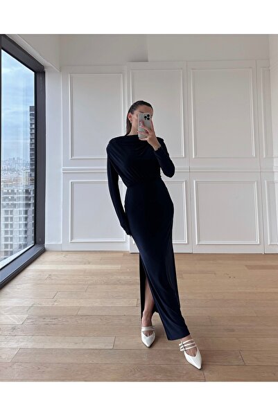 ONZEMODE فستان بأكمام طويلة وياقة مبطنة وفتحة جانبية