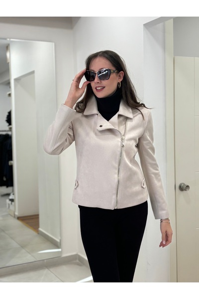 AYHAN Double Breasted Collar Lined Zippered Short Suede Jacket with Buttons on the Collar and Belt