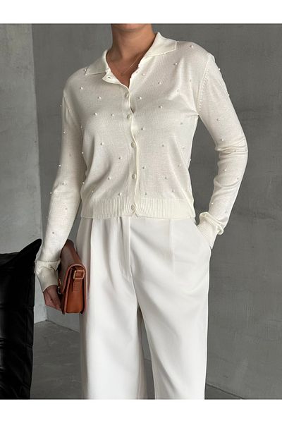 Laluvia Ecrufarbener Mini-Cardigan mit Polokragen und Absatz -4560