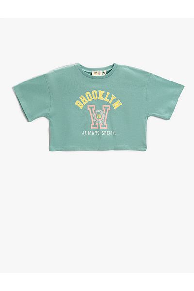 Koton Girl City bedrucktes Khaki-Crop-T-Shirt 2skg10116ak