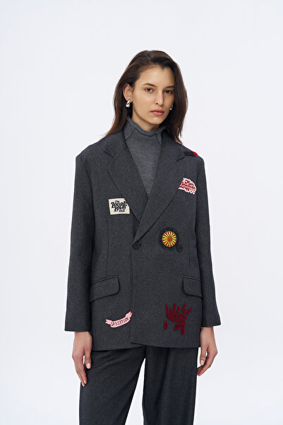 Quzu Anthracite Embroidered Double Breasted Collar Blazer Jacket - Back Printed