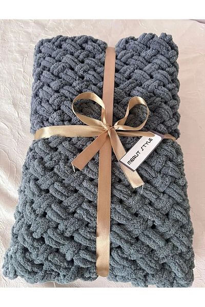 MERUT STYLE HAYATINI RENKLENDİR Gray Straw Patterned Alize Puffy Tv Blanket Hand Knitted