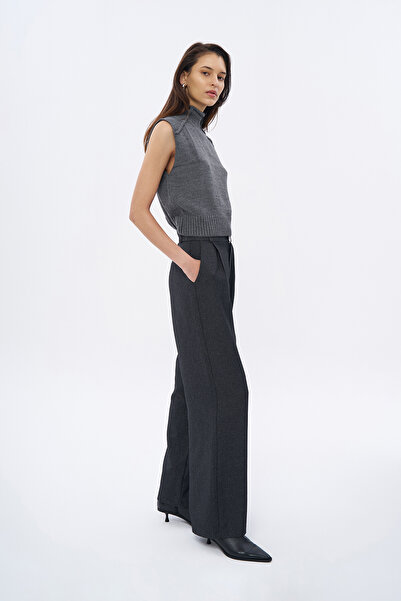 Quzu Anthracite Colored High Waist Stitching Detailed Trousers