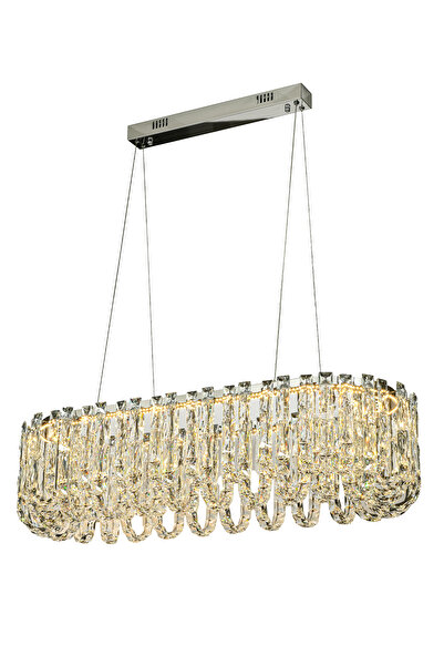 Apliqa Zora  Krom Sıralı 51 Watt Kristal Taşlı Modern Tasarım Yemeke Masası Üstü Salon  Led Avize