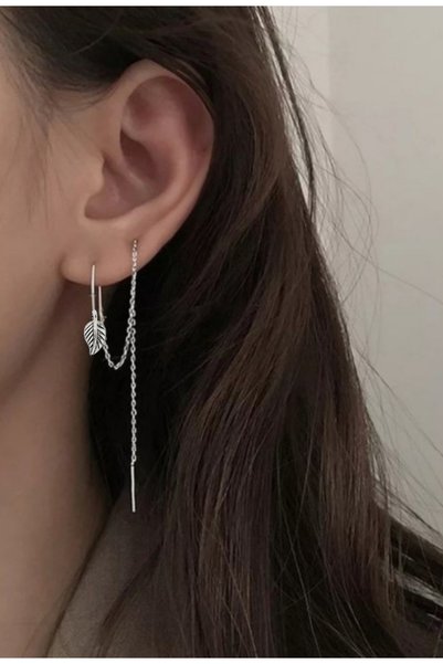 TakıConcept Yaprak Sallantılı Zincir Küpe, Kıkırdak Küpe