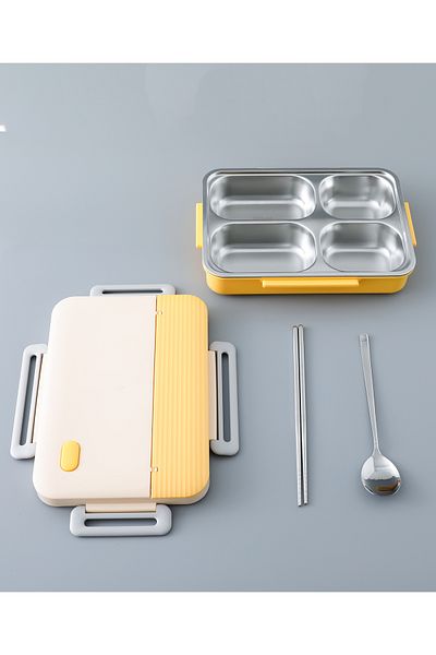 Fab N Funky Kids Lunch Box - Non-Toxic, Easy Clean, Beige & Yellow, 3+ Years, 25x18x7cm with Compartments