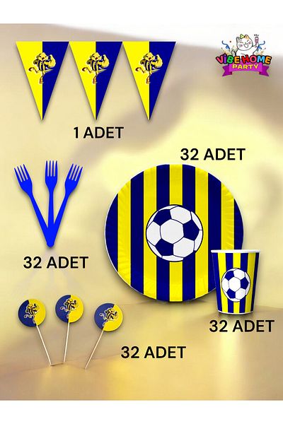 VibeHome Yellow Navy Blue Fan Eco Set for 32 - Birthday Party and Fun Events
