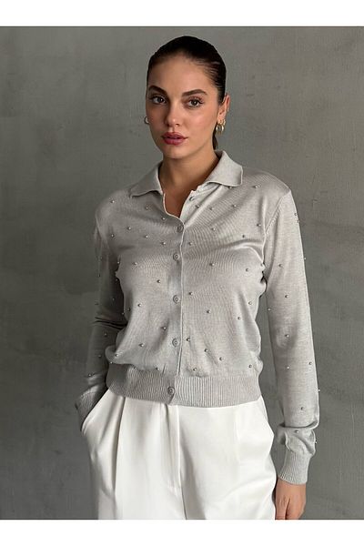 Laluvia Gray Polo Neck Mini Heeled Cardigan -4560