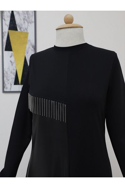 Modamorfo Metallkettenkleid mit Lederdetails – Schwarz