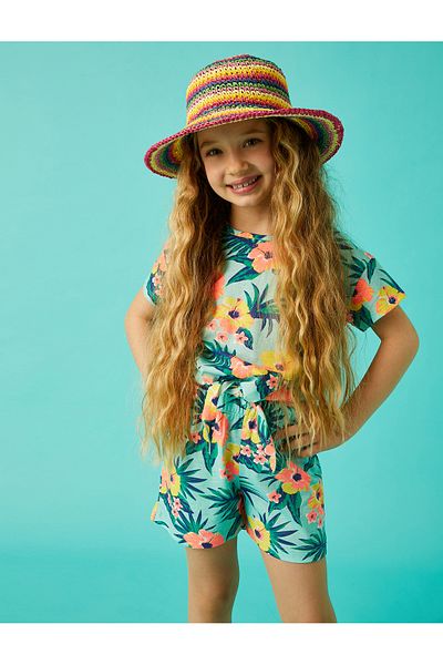 Koton Floral Short Sleeve T-Shirt with Tie Waist