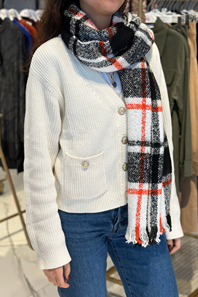 REMSA 1263 Model Plaid Patterned Black Shoulder Shawl - 60X180 cm