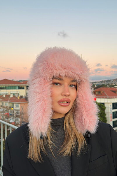 Mollycrush Luxury Kadın Pembe Uzun Tüylü Suni Kürklü Peluş Tüylü Pilot Şapka