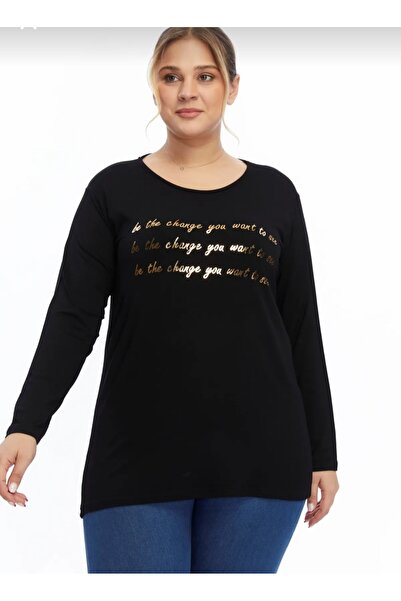 Barato Μαύρη μπλούζα με μακρυμάνικο στάμπα μεγάλου μεγέθους