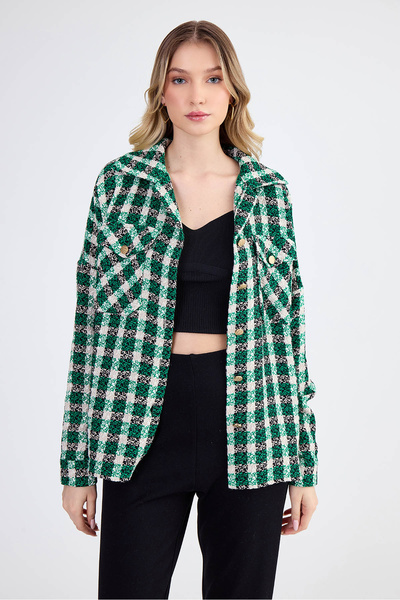 Vitrin Kapak Cepli Desenli Oversize Gömlek