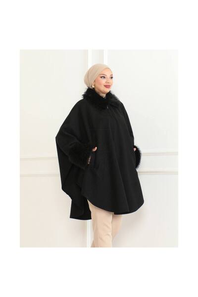 NHMODA KÜRK YAKA KAŞE KUMAŞ PANÇO