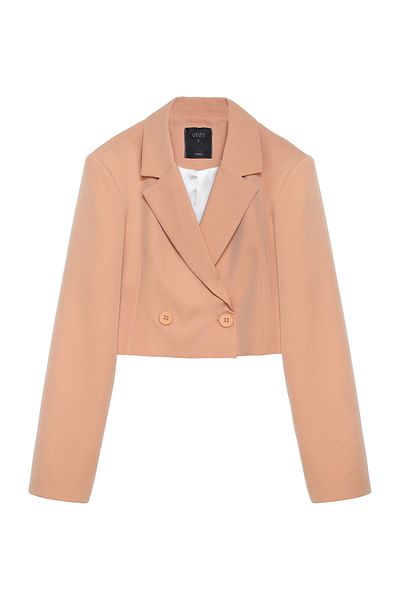 Quzu Camel Double Breasted Crop Blazer Jacket