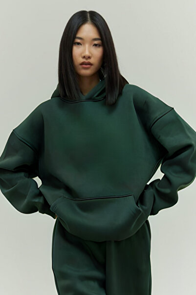 YAKAMEL Kadın Rahat Oversize 3 İplik Pamuklu Şardonlu Kanguru Cep Kapşonlu Sw...