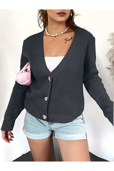 Modamorfo Smoked Colored Knitted Patterned Buttoned Cardigan