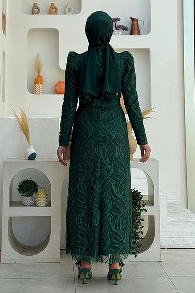 Bym Fashion فستان سهرة من التول اللامع بنمط فرع مقاس كبير - زمردي 1140-1