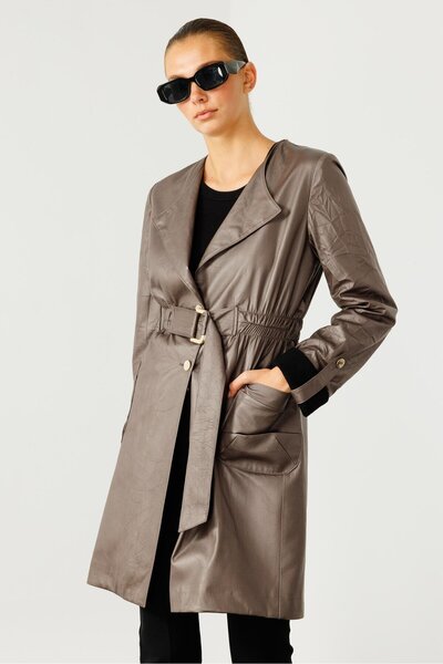 Moda İlgi Modailgi Beli Lastik ve Kuşak Detaylı Torba Cepli Şal Yaka Trenç Gri