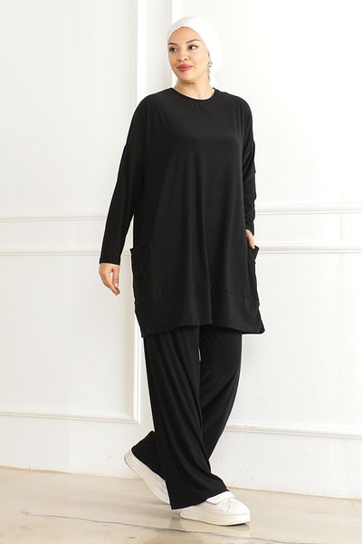 Eliva Women's Black Oversize Pocketed Wide Leg Comfortable Daily Casual Hijab Bottom - Top Set