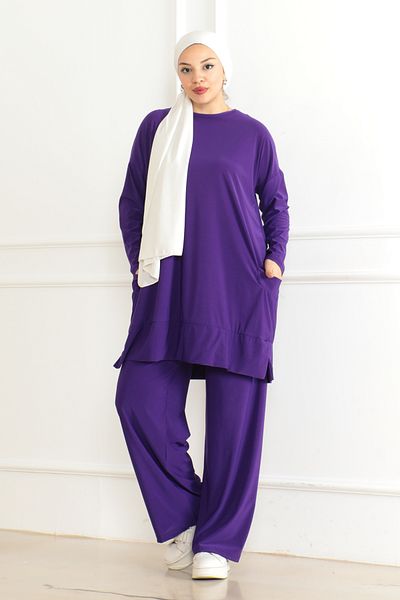 Eliva Women's Purple Oversize Pocketed Wide Leg Comfortable Daily Casual Hijab Bottom - Top Set