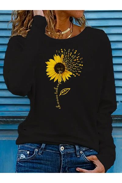 REKA MODA Women's Long Sleeve Crew Neck Sunflower Print Viscose Blouse