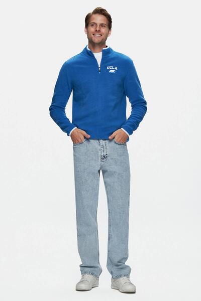 UCLA Cornıng Mavi Yarım Fermuarlı Nakışlı Polar Dik Yaka Standard Fit Erkek Sweatshirt