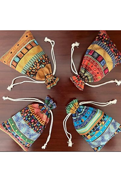arredamento Etnik Tarzı Jüt Kese Mücevher Çantası İpli ve Büzgülü 3 Adet 14x10 cm