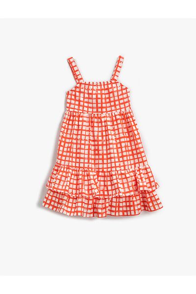 Koton Dress Checked Midi Strappy Ruffled Cotton