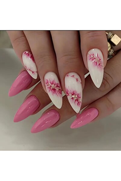 PİRAYE AKSESUAR By Maya Beauty & Nail 24'lü Pembe Beyaz Kısa Badem Model Takm...