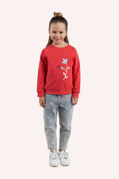 Panço Kız Çocuk Nakış Detaylı Kırmızı Sweatshirt