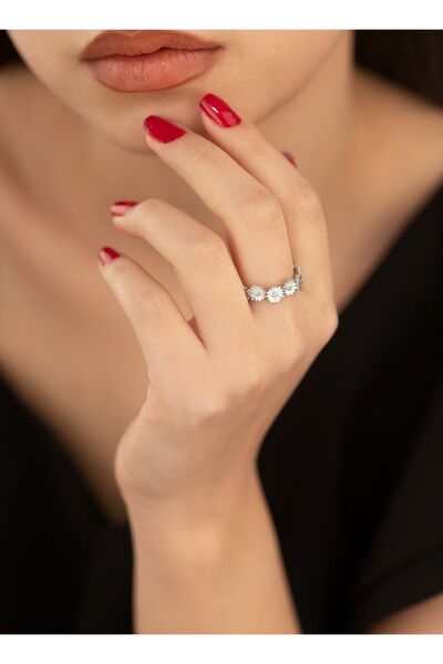 Dkmn Silver 925 AYAR GÜMÜŞ SIRALI PAPATYA YÜZÜK