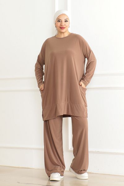 Eliva Women's Mink Oversize Pocketed Wide Leg Comfortable Daily Casual Hijab Bottom - Top Set