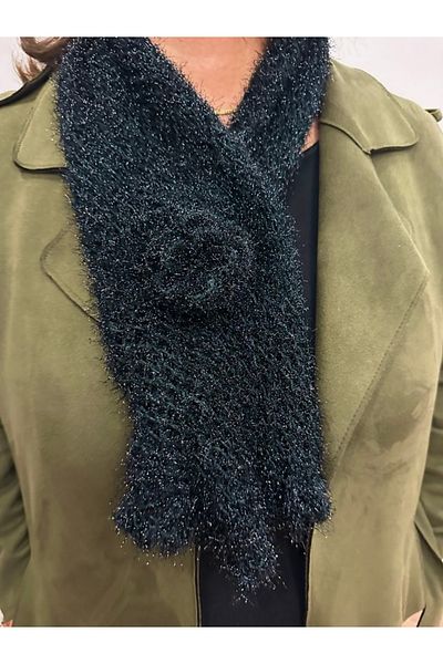 alsaccessories Women's Black Color Hand Knitted Shiny Glitter Mid Rose Detailed Shawl, Scarf
