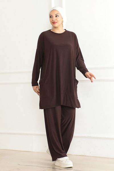 Eliva Women's Brown Oversize Pocket Loose Leg Comfortable Daily Casual Hijab Bottom - Top Set