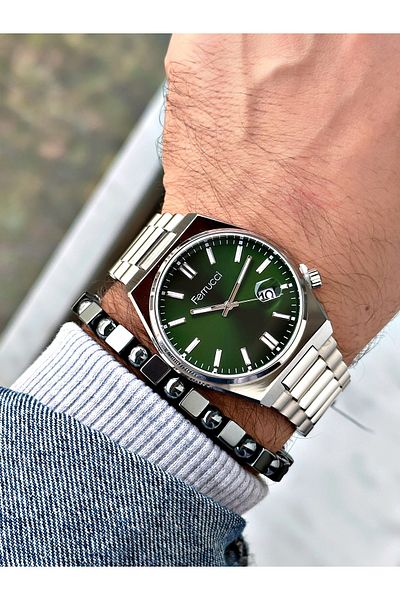 Ferrucci Silver Color Classic Calendar Steel Band Men's Wrist Watch + Bracelet