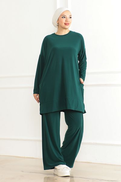 Eliva Women's Dark Green Oversize Pocket Loose Leg Comfortable Daily Casual Hijab Bottom - Top Set