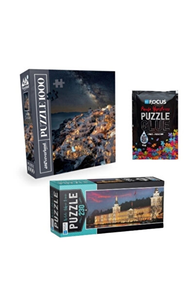 Neverland 3'lü Set Puzzle - 1000 Parça Santorini + 230 Parça Kuleli Askeri Lisesi + Puzzle Yapıştırıcı