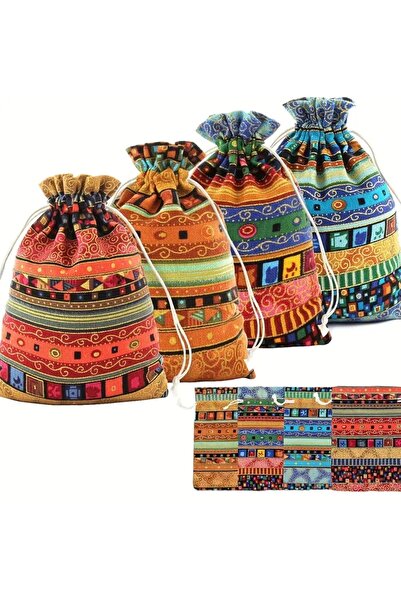 arredamento Etnik Tarzı Jüt Kese Mücevher Çantası İpli ve Büzgülü 3 Adet 14x10 cm