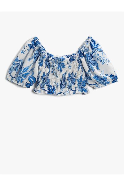 Koton Floral Crop μπλούζα μπαλόνι μανίκια Off Shoulder Gipe Λεπτομερή