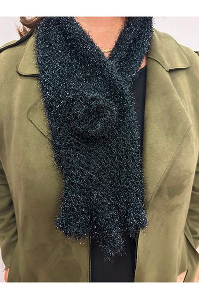 alsaccessories Women's Black Color Hand Knitted Shiny Glitter Mid Rose Detailed Shawl, Scarf