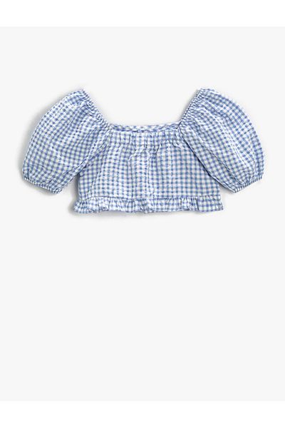 Koton Crop Blouse Checked Short Balloon Sleeve
