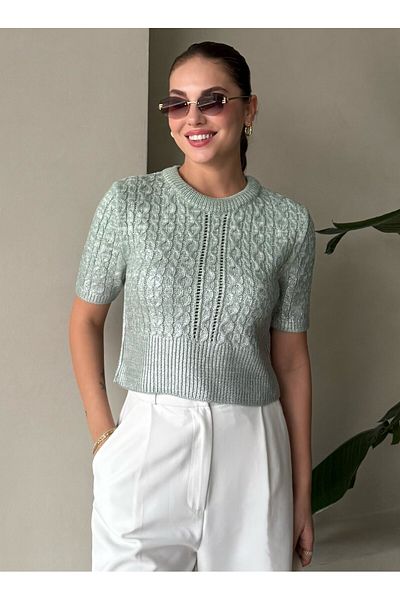 Laluvia Pulover din tricot cu mânecă scurtă din folie împletită mentă-4225