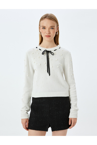 Koton Pearl Detailed Bow Crew Neck Pletený svetr