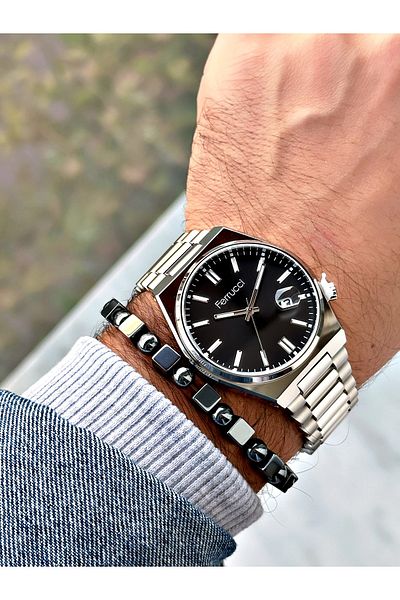 Ferrucci Silver Color Classic Calendar Steel Band Men's Wrist Watch + Bracelet