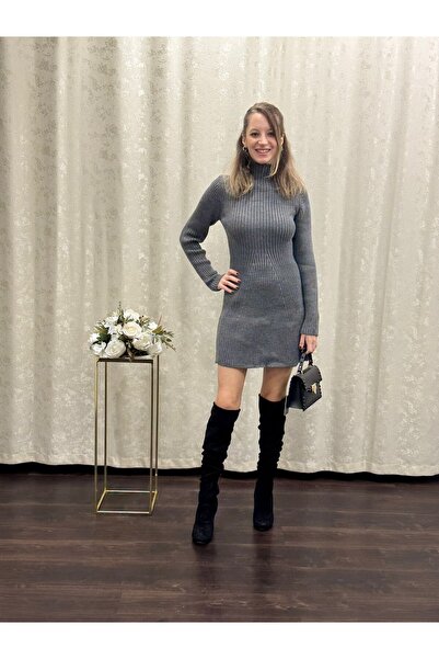 Füme Renk Triko Mini Boy Uzun Kol Elbise